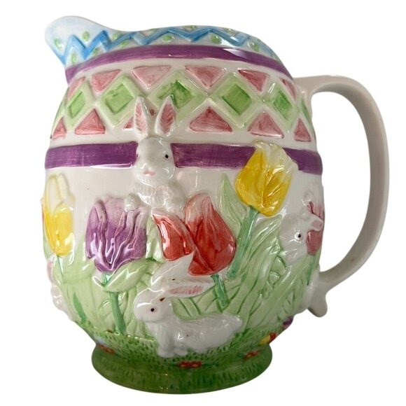 Bunny Garden Ceramic Pitcher Pastels Inspirado DC Flowers Geometric Bunny 1995 - Picture 1 of 6